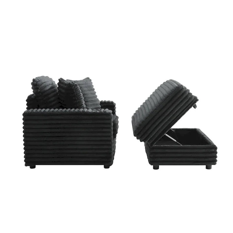 Chaise longue en flanelle beige / gris foncé / chocolat avec pouf de rangement – Individuel
