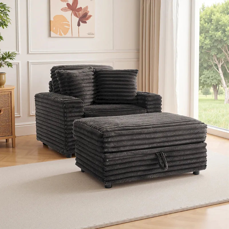 Chaise longue en flanelle beige / gris foncé / chocolat avec pouf de rangement – Individuel