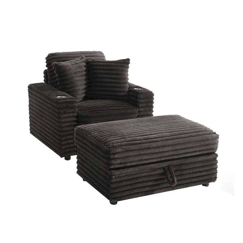 Chaise longue en flanelle beige / gris foncé / chocolat avec pouf de rangement – Individuel