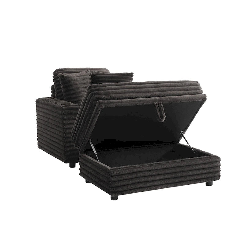 Chaise longue en flanelle beige / gris foncé / chocolat avec pouf de rangement – Individuel