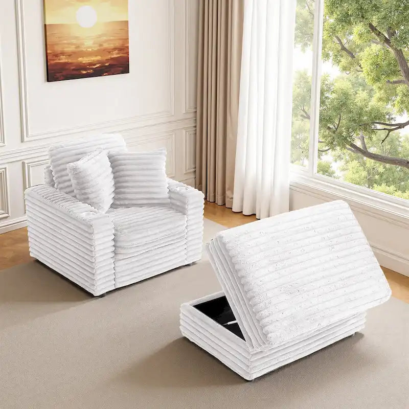 Chaise longue en flanelle beige / gris foncé / chocolat avec pouf de rangement – Individuel
