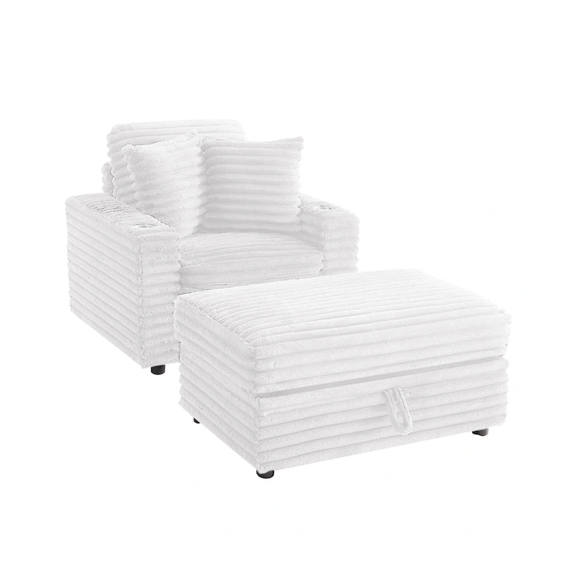 Chaise longue en flanelle beige / gris foncé / chocolat avec pouf de rangement – Individuel