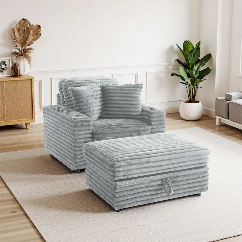 Chaise longue en flanelle beige / gris foncé / chocolat avec pouf de rangement – Individuel
