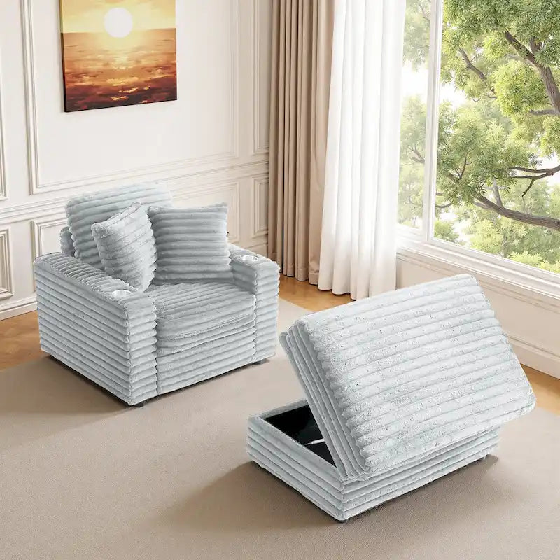 Chaise longue en flanelle beige / gris foncé / chocolat avec pouf de rangement – Individuel