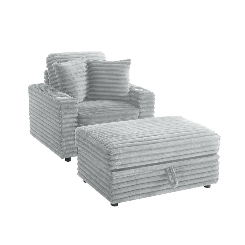 Chaise longue en flanelle beige / gris foncé / chocolat avec pouf de rangement – Individuel