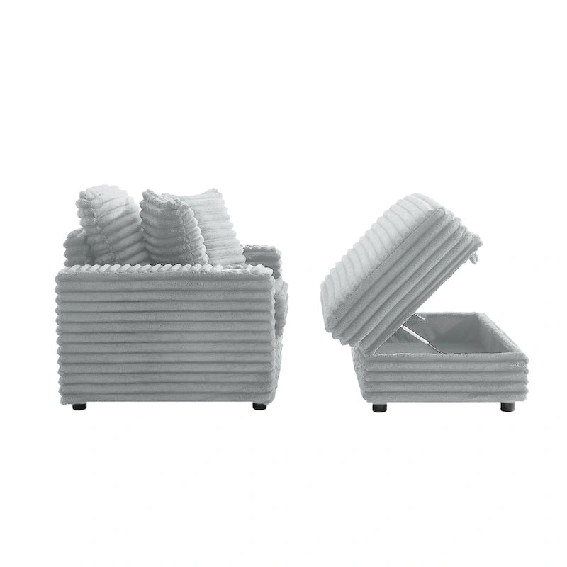Chaise longue en flanelle beige / gris foncé / chocolat avec pouf de rangement – Individuel
