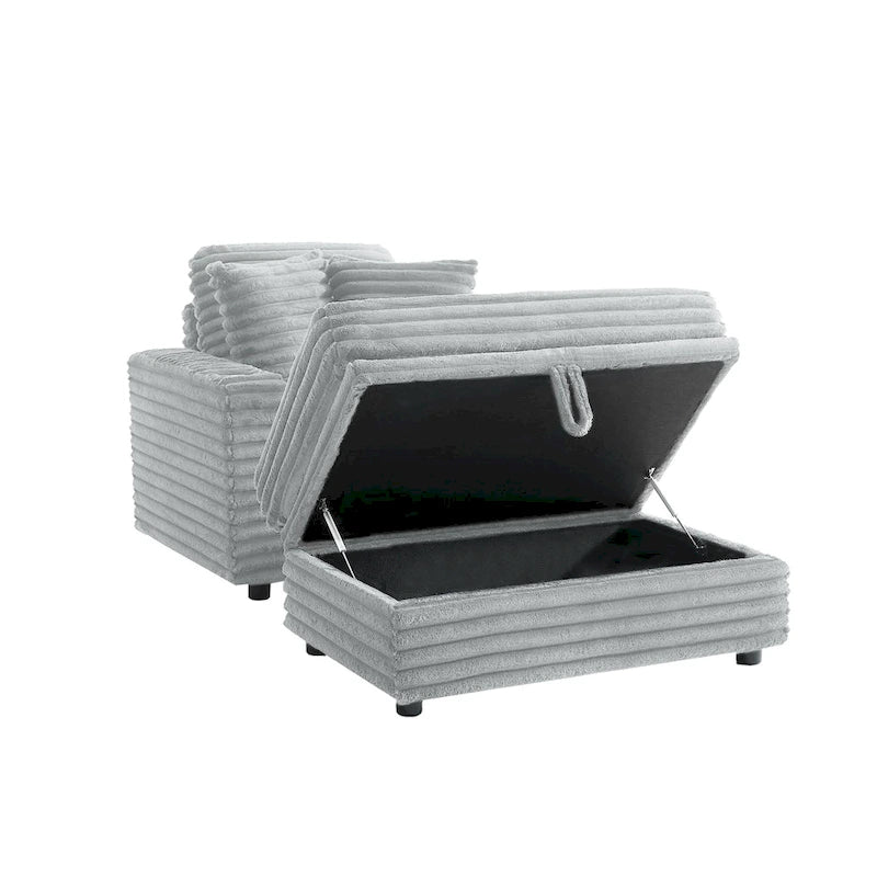 Chaise longue en flanelle beige / gris foncé / chocolat avec pouf de rangement – Individuel
