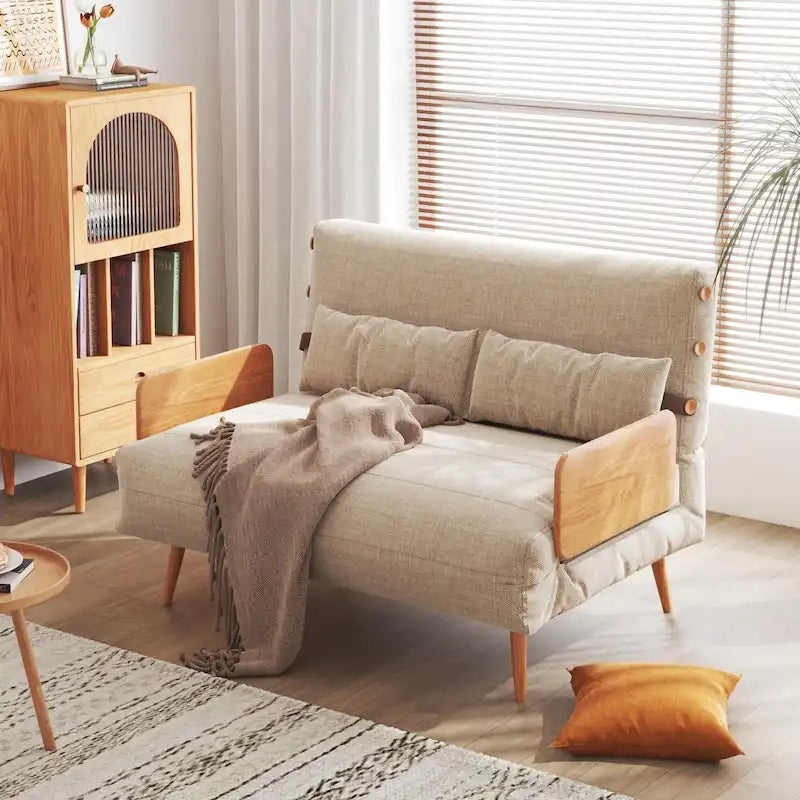 Canapé Convertible Beige en Coton et Lin 2 Places, 109,9 cm