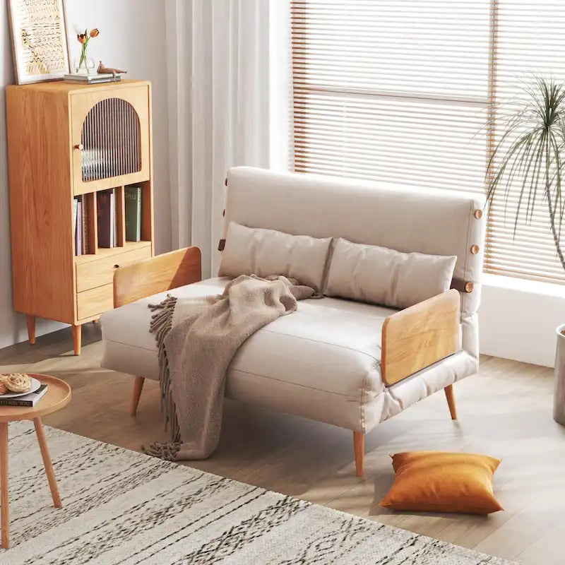 Canapé Convertible Beige en Coton et Lin 2 Places, 109,9 cm