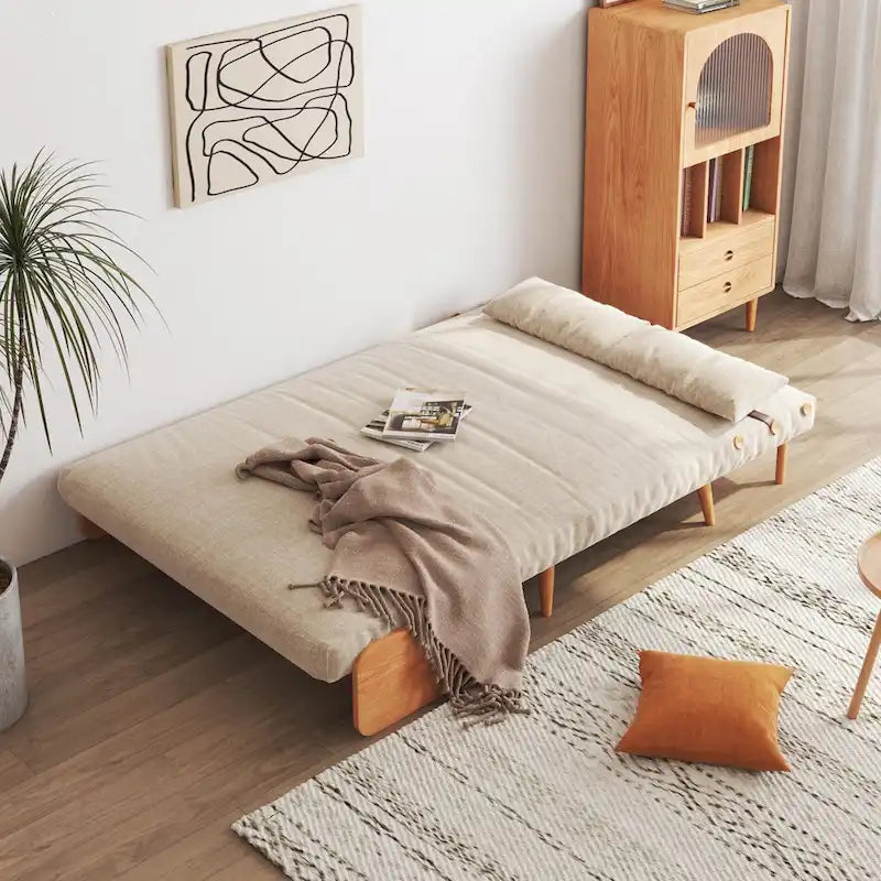 Canapé Convertible Beige en Coton et Lin 2 Places, 109,9 cm