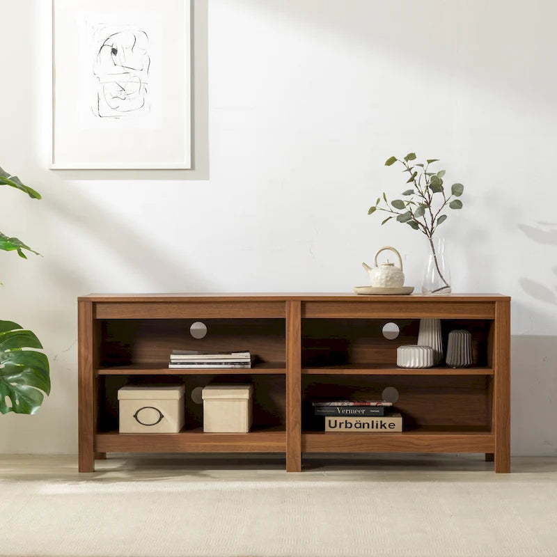 Meuble TV pour téléviseurs jusqu'à 65", expresso et marron clair, étagère ouverte, style moderne