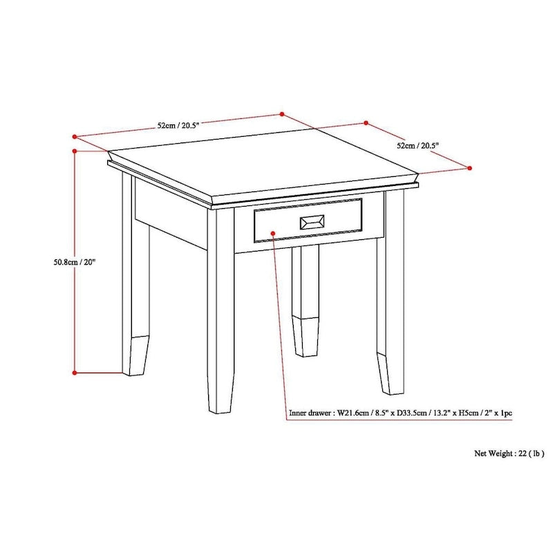 Table de chevet carrée en bois massif auburn moyen avec tiroir