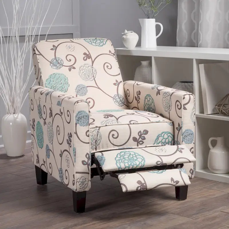 Fauteuil inclinable club à motifs floraux beige clair et bleu, une place