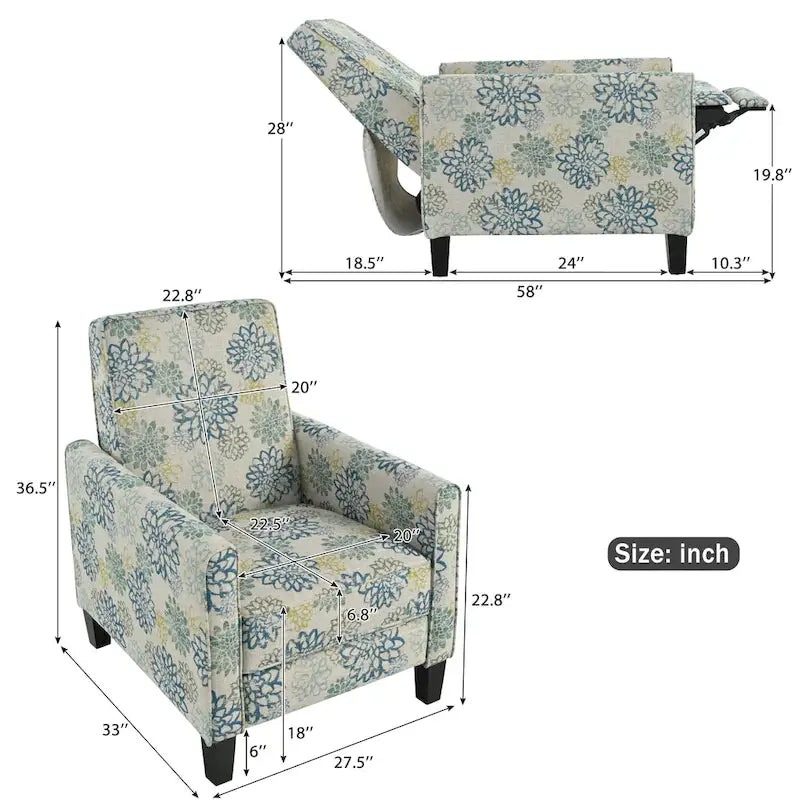Fauteuil inclinable club à motifs floraux beige clair et bleu, une place
