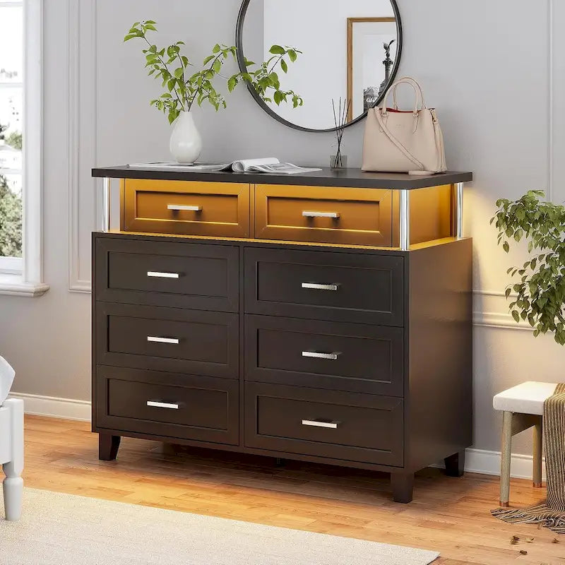 Commode 8 tiroirs avec lumières LED RGB et colonnes, noir/blanc, simple