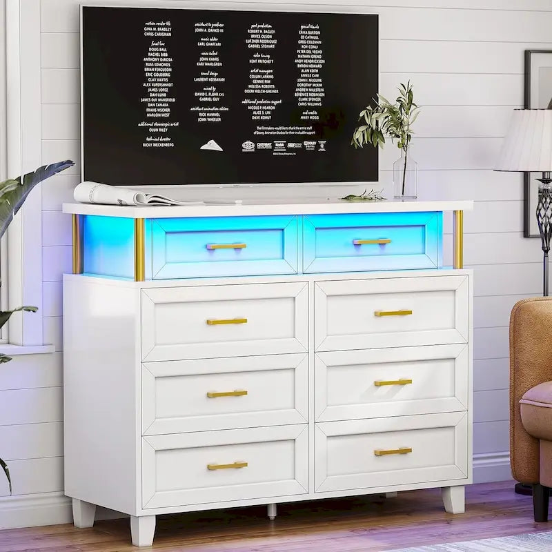 Commode 8 tiroirs avec lumières LED RGB et colonnes, noir/blanc, simple