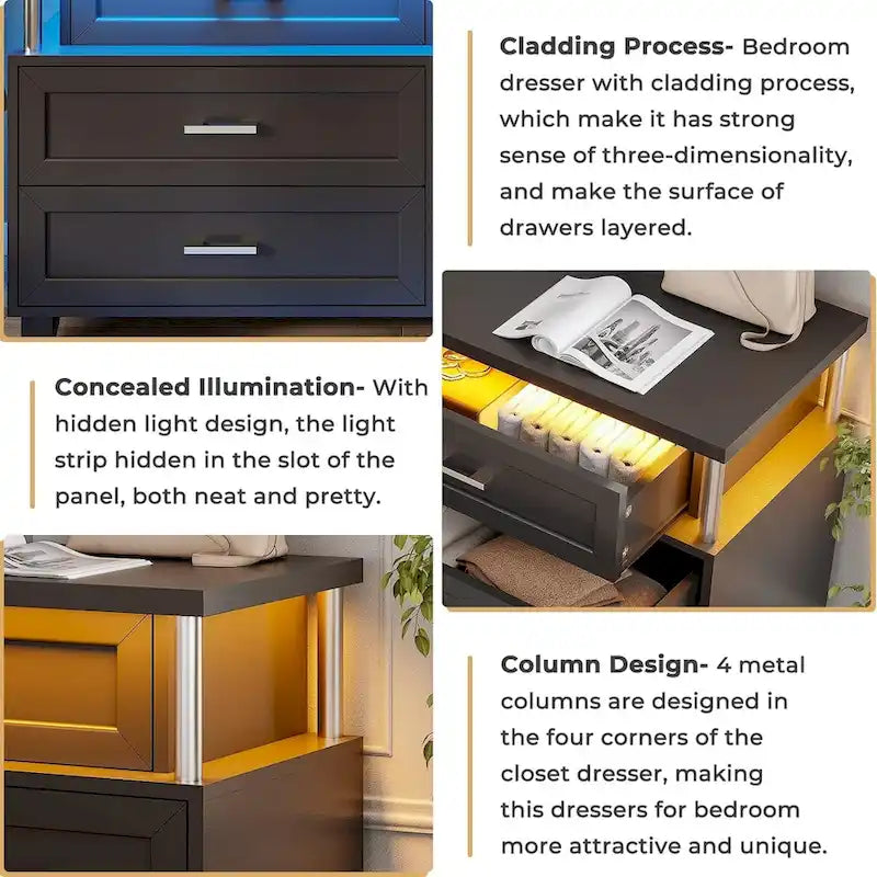 Commode 8 tiroirs avec lumières LED RGB et colonnes, noir/blanc, simple