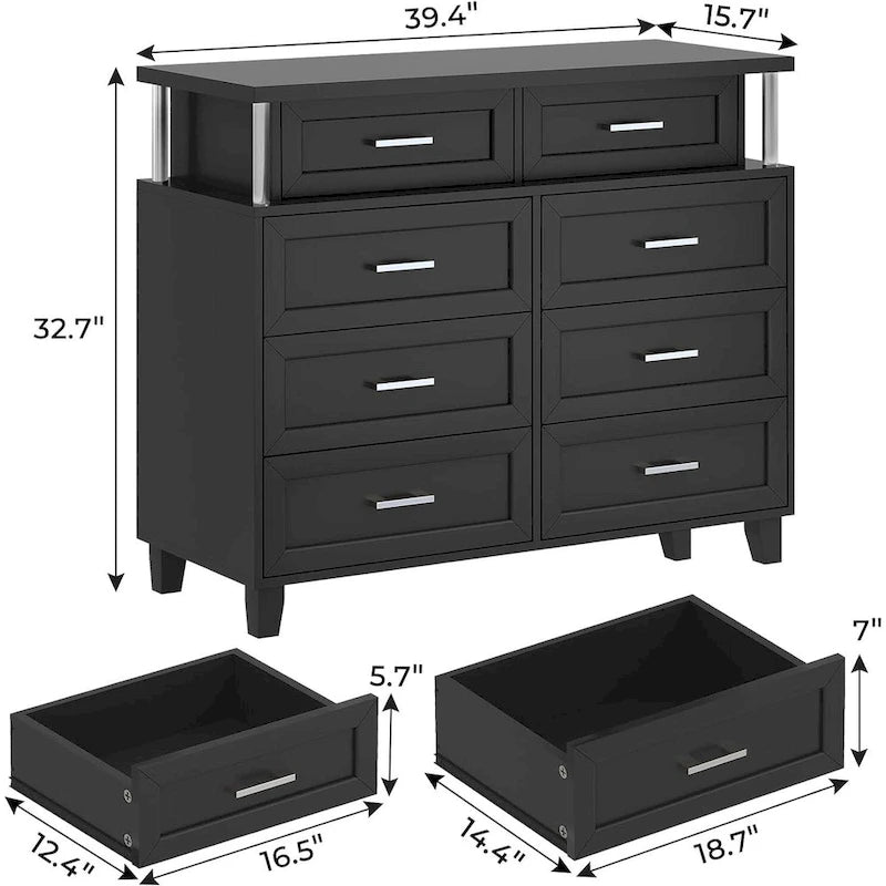 Commode 8 tiroirs avec lumières LED RGB et colonnes, noir/blanc, simple