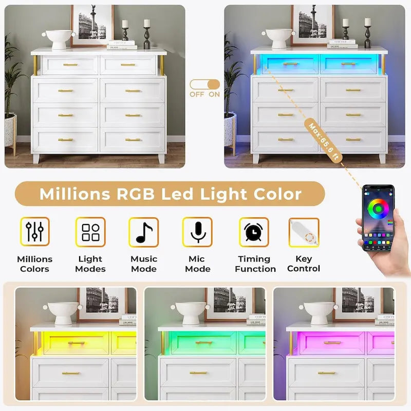 Commode 8 tiroirs avec lumières LED RGB et colonnes, noir/blanc, simple