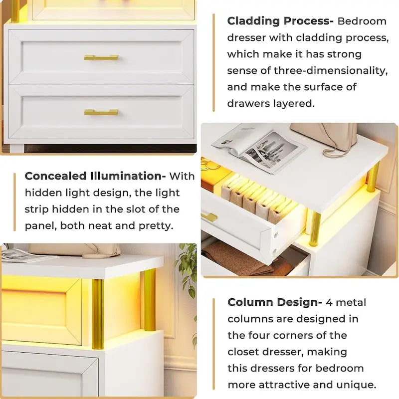 Commode 8 tiroirs avec lumières LED RGB et colonnes, noir/blanc, simple