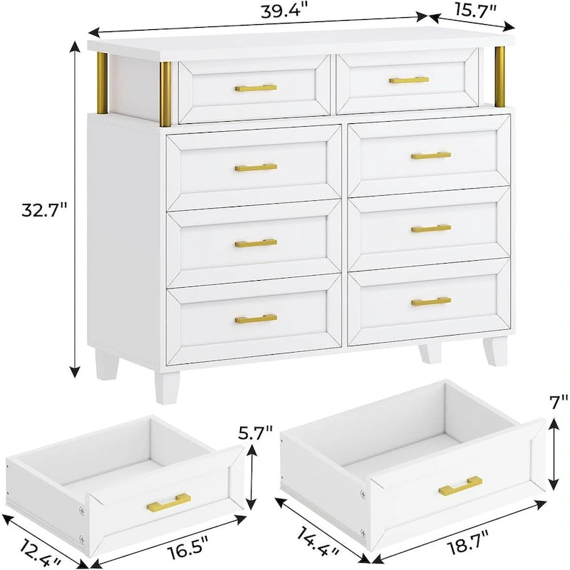 Commode 8 tiroirs avec lumières LED RGB et colonnes, noir/blanc, simple