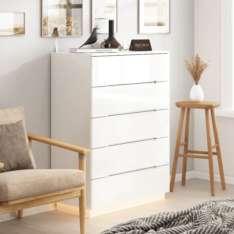 Commode de rangement 5 tiroirs à finition brillante avec éclairage LED – Blanc/Noir, 1 personne