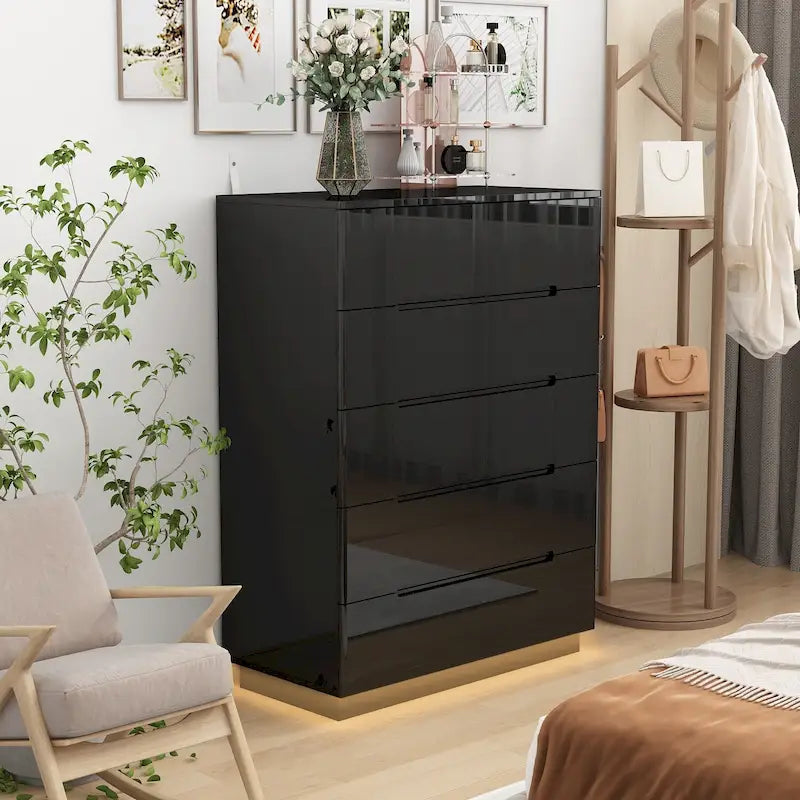 Commode de rangement 5 tiroirs à finition brillante avec éclairage LED – Blanc/Noir, 1 personne