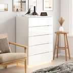 Commode de rangement 5 tiroirs à finition brillante avec éclairage LED – Blanc/Noir, 1 personne