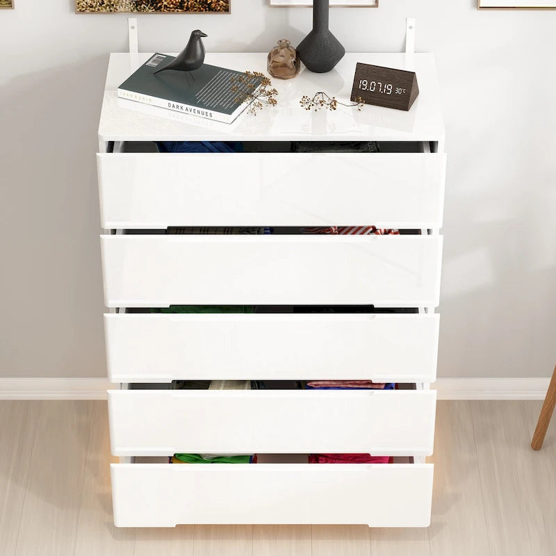 Commode de rangement 5 tiroirs à finition brillante avec éclairage LED – Blanc/Noir, 1 personne