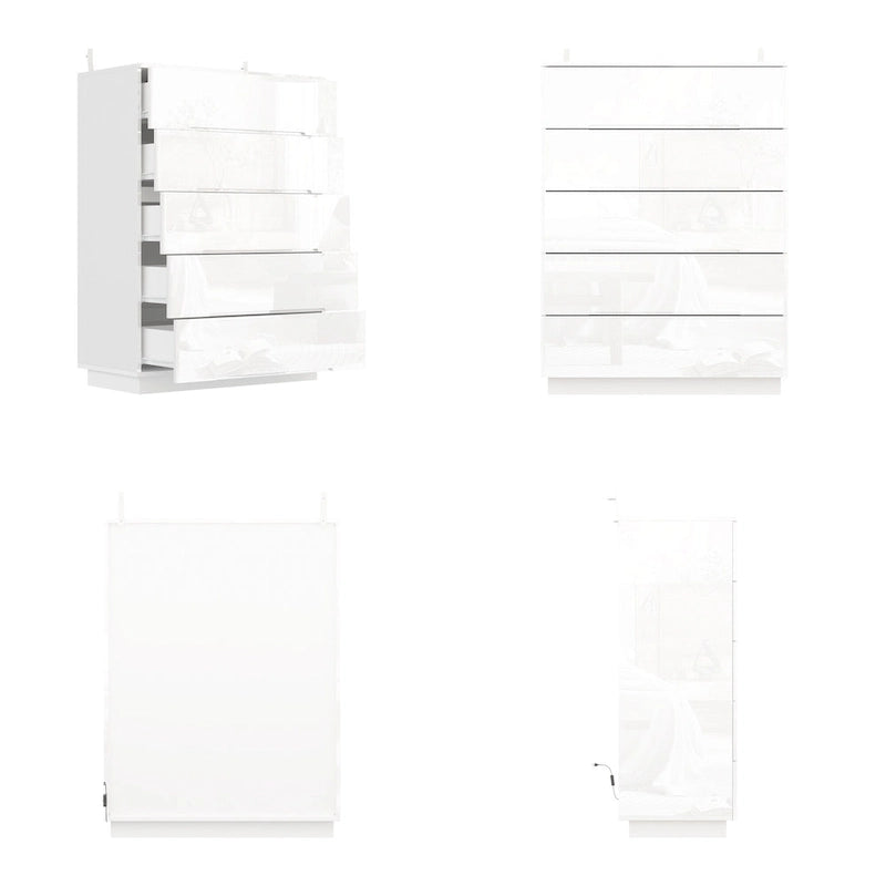Commode de rangement 5 tiroirs à finition brillante avec éclairage LED – Blanc/Noir, 1 personne