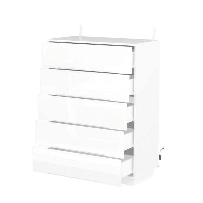 Commode de rangement 5 tiroirs à finition brillante avec éclairage LED – Blanc/Noir, 1 personne