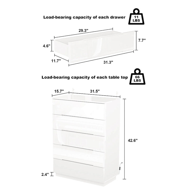 Commode de rangement 5 tiroirs à finition brillante avec éclairage LED – Blanc/Noir, 1 personne