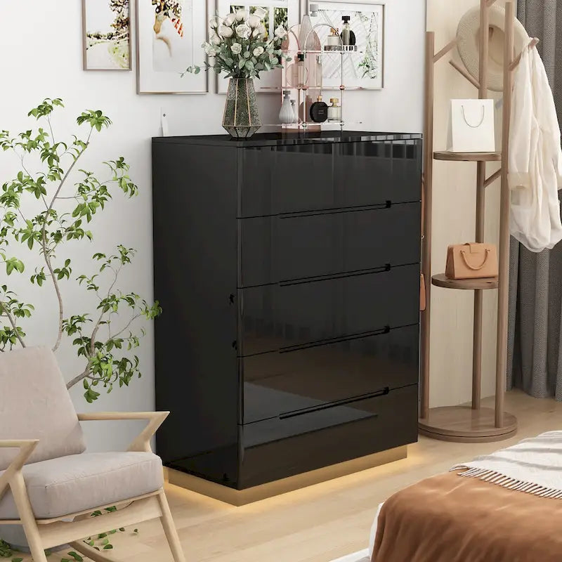 Commode de rangement 5 tiroirs à finition brillante avec éclairage LED – Blanc/Noir, 1 personne