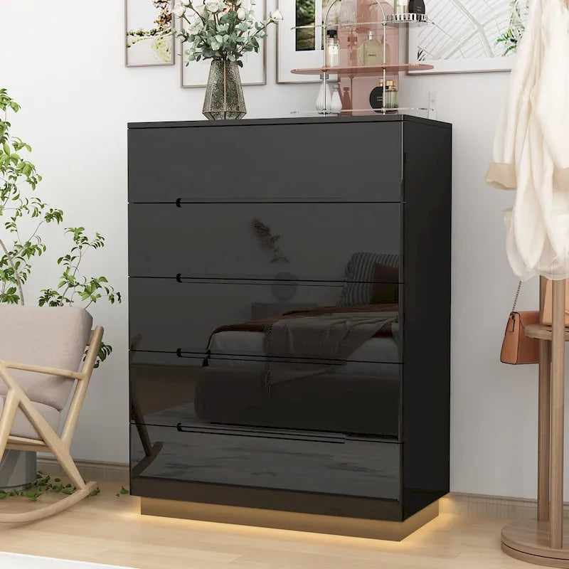 Commode de rangement 5 tiroirs à finition brillante avec éclairage LED – Blanc/Noir, 1 personne
