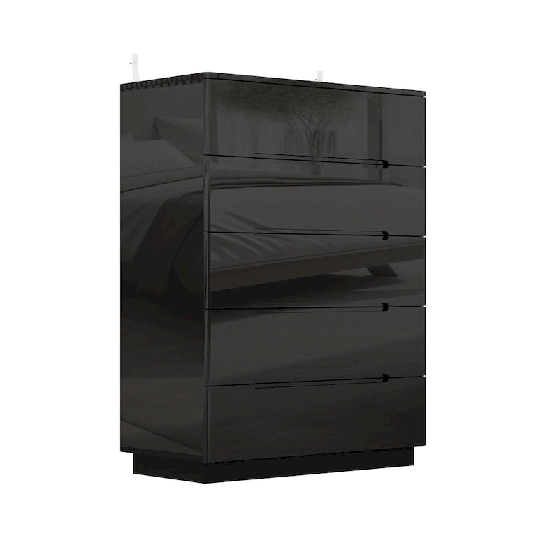 Commode de rangement 5 tiroirs à finition brillante avec éclairage LED – Blanc/Noir, 1 personne