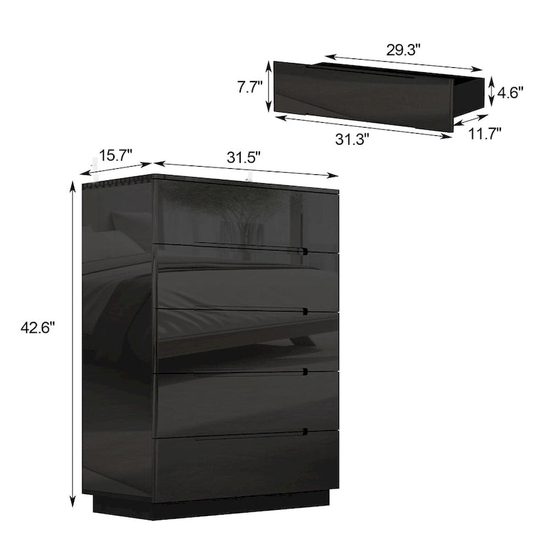 Commode de rangement 5 tiroirs à finition brillante avec éclairage LED – Blanc/Noir, 1 personne