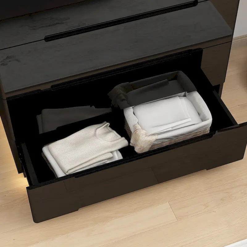 Commode de rangement 5 tiroirs à finition brillante avec éclairage LED – Blanc/Noir, 1 personne