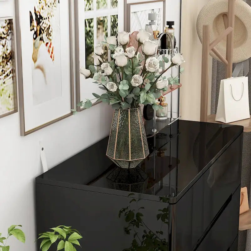 Commode de rangement 5 tiroirs à finition brillante avec éclairage LED – Blanc/Noir, 1 personne