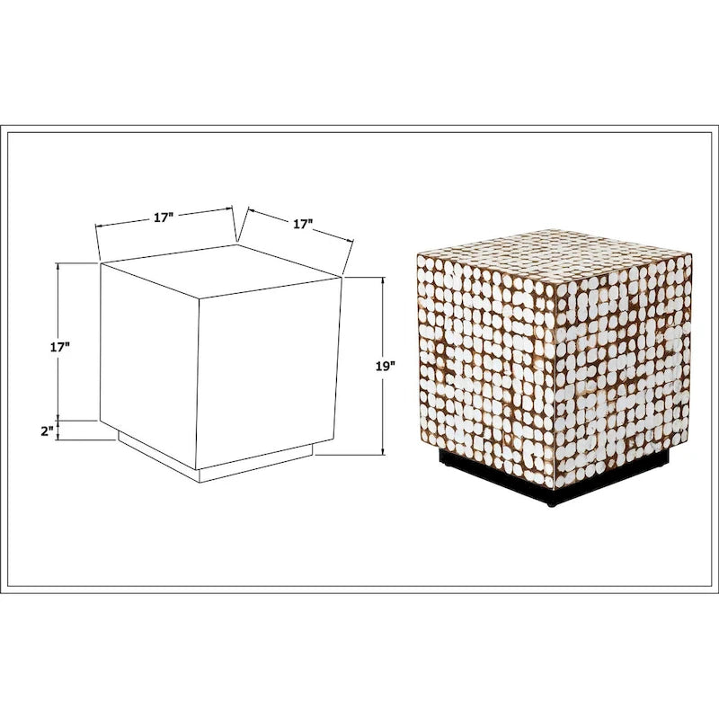 Table d'appoint cube en mosaïque de coquille de noix de coco blanche, unique