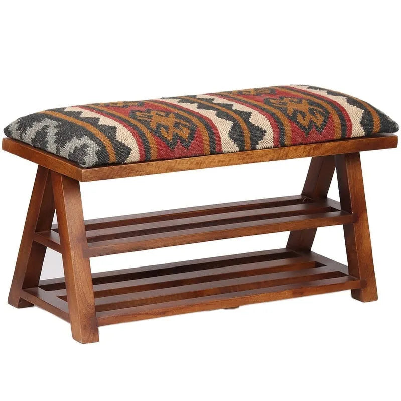 Banc de rangement en bois garni de Kilim, Ivoire, Simple