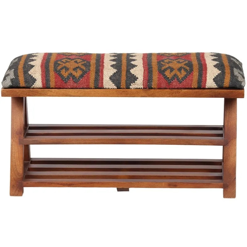 Banc de rangement en bois garni de Kilim, Ivoire, Simple