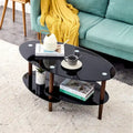 Table Basse Ovale en Verre Noir/Transparent avec Pieds en Bois de Chêne, 2 Étages, 89×51×46 cm
