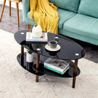 Table Basse Ovale en Verre Noir/Transparent avec Pieds en Bois de Chêne, 2 Étages, 89×51×46 cm