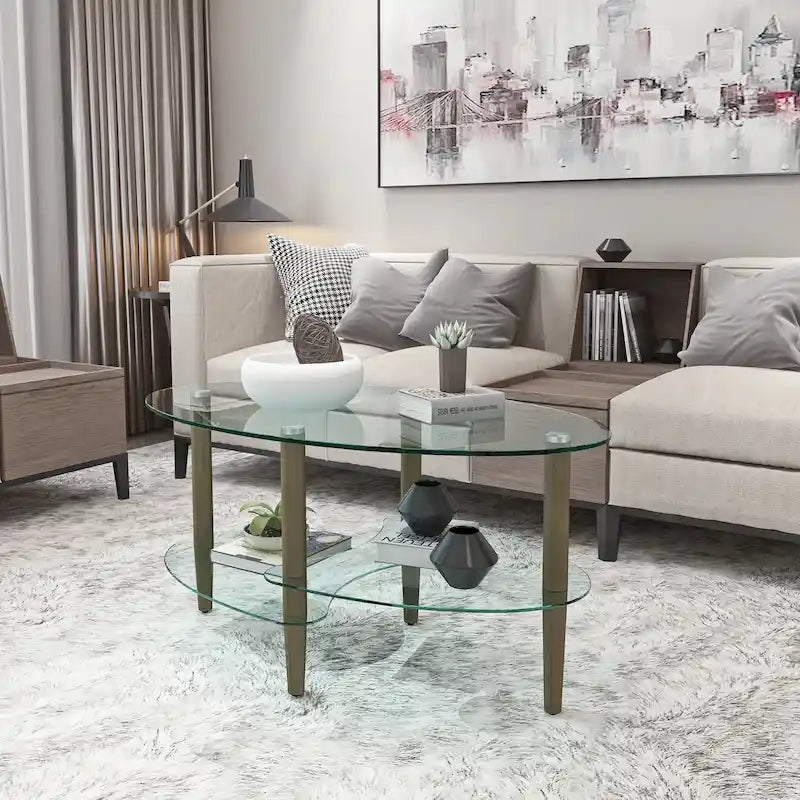 Table Basse Ovale en Verre Noir/Transparent avec Pieds en Bois de Chêne, 2 Étages, 89×51×46 cm