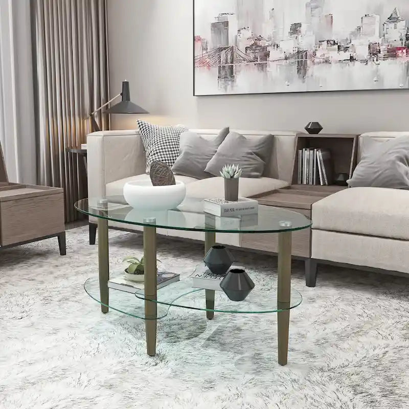 Table Basse Ovale en Verre Noir/Transparent avec Pieds en Bois de Chêne, 2 Étages, 89×51×46 cm