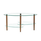 Table Basse Ovale en Verre Noir/Transparent avec Pieds en Bois de Chêne, 2 Étages, 89×51×46 cm