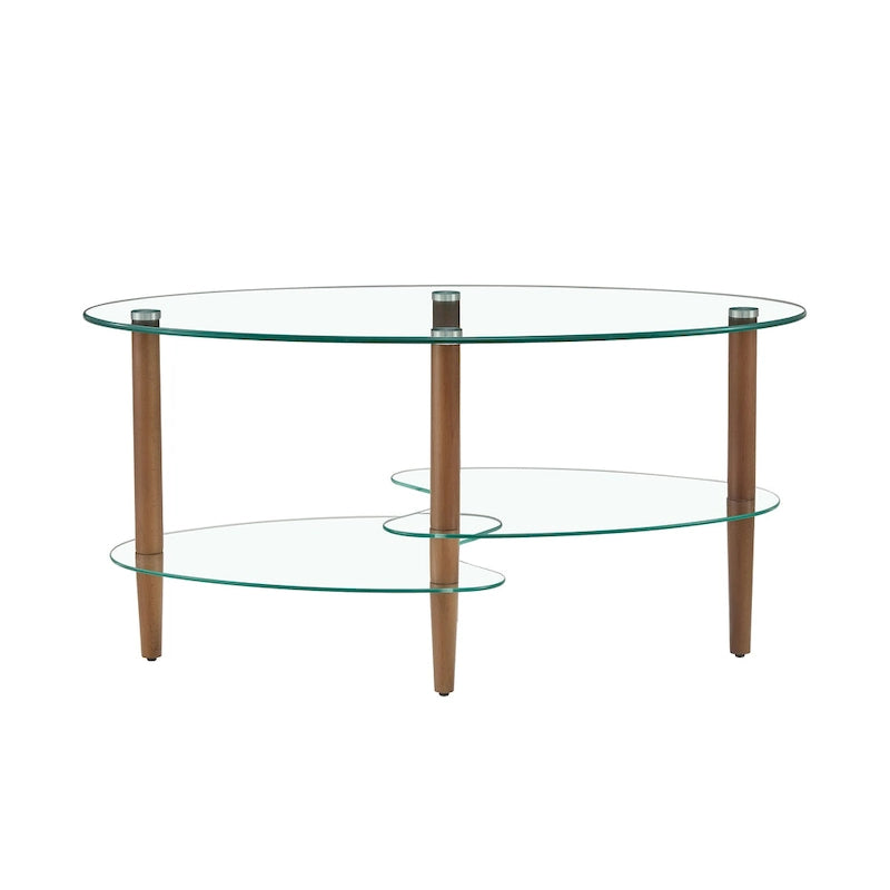 Table Basse Ovale en Verre Noir/Transparent avec Pieds en Bois de Chêne, 2 Étages, 89×51×46 cm