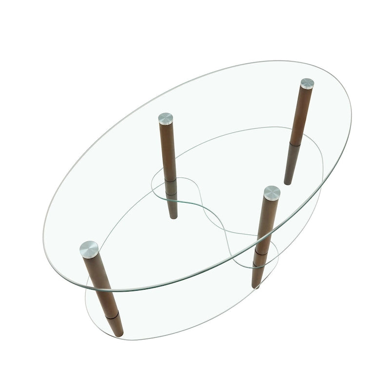 Table Basse Ovale en Verre Noir/Transparent avec Pieds en Bois de Chêne, 2 Étages, 89×51×46 cm