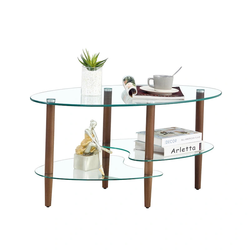 Table Basse Ovale en Verre Noir/Transparent avec Pieds en Bois de Chêne, 2 Étages, 89×51×46 cm
