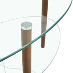 Table Basse Ovale en Verre Noir/Transparent avec Pieds en Bois de Chêne, 2 Étages, 89×51×46 cm